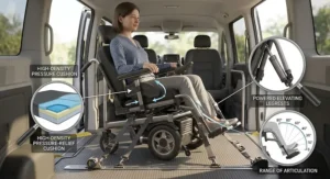 Illustration highlighting the high-density seat cushion and powered elevating leg rests on a tilt chair