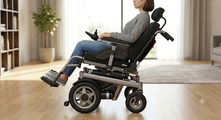 Side view illustration of a modern power tilt wheelchair with ergonomic seating and adjustable footrests