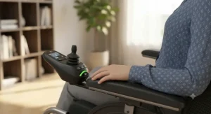 Close-up illustration of an ergonomic joystick controller integrated into a power tilt wheelchair armrest