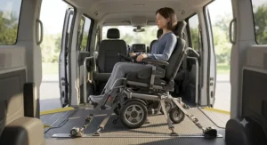 Power tilt wheelchair safely tied down inside a wheelchair accessible vehicle