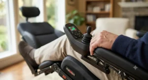 Close-up of an ergonomic joystick controller mounted on the armrest of a reclining power wheelchair.