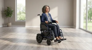 A person using a regular complex rehab power wheelchair in a standard seated position indoors.