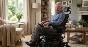 Senior man operating the recline function on his power recline wheelchair using a joystick controller.