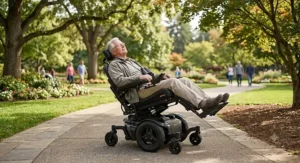 An older adult comfortably relaxing in a fully reclined power wheelchair in a sunny park.