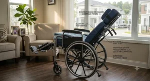 Side view illustration showing the recline and leg elevation mechanics of a pressure relief wheelchair.