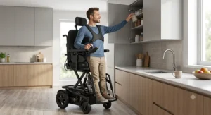 A user in a standing power wheelchair reaching an upper kitchen cabinet, a task difficult in a regular seated wheelchair.