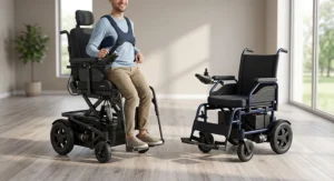 An illustration demonstrating a standing power wheelchair elevating a user into a full upright standing position.