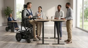 A standing power wheelchair user interacting with a colleague at eye level in an office setting, contrasting with a regular seated chair.