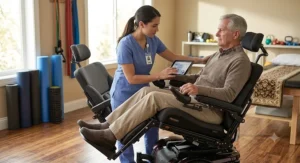 A physical therapist adjusting the recline angle on a power wheelchair for a patient during a clinical fitting.