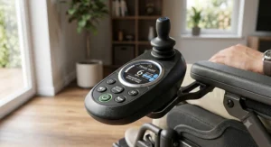 Close-up illustration of a modern joystick controller on a travel power wheelchair with programmable speed settings.