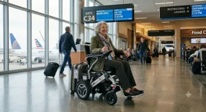 A happy senior traveler using an airline approved power wheelchair to navigate the airport concourse independently