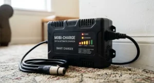 An off-board 24V automatic power wheelchair battery charger displaying glowing LED charging status lights.