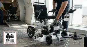 Illustration of a compact power wheelchair with TSA and airline-approved lithium battery labels.
