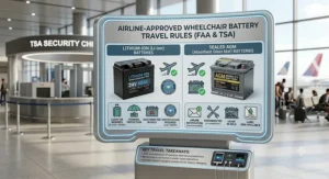 TSA travel guide icon showing flight approval requirements for lithium ion and sealed AGM wheelchair batteries