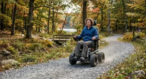 Person riding an all terrain motorized wheelchair along a gravel park pathway.