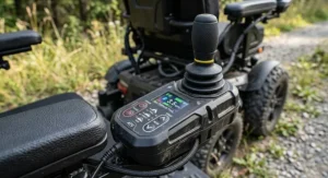 Detailed view of the intuitive joystick controller on an all terrain power wheelchair.