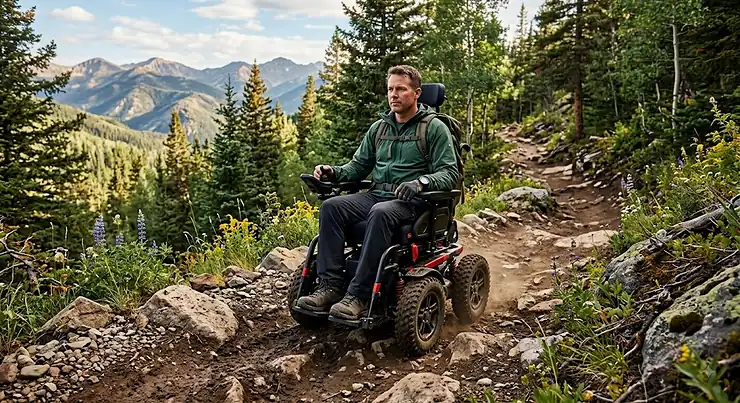 All terrain power wheelchair navigating a rugged dirt hiking trail outdoors.