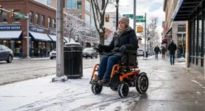 All terrain power wheelchair maneuvering through light snow on a city sidewalk.