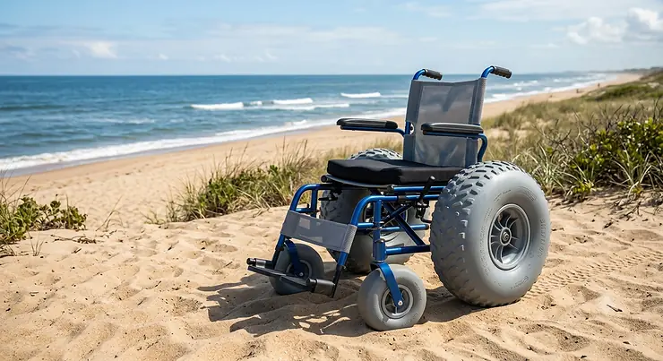 An all-terrain wheelchair with wide balloon tires parked on a sandy beach overlooking the sunny ocean. all terrain wheelchair for beach