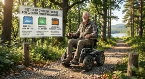 An active senior riding an all-terrain motorized wheelchair powered by durable deep cycle power wheelchair batteries on a park trail.