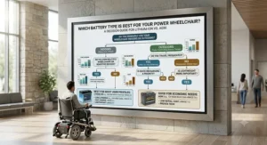 Summary decision flow chart helping power wheelchair users choose between lithium ion and AGM batteries