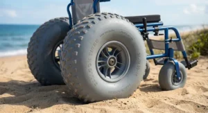Close-up detail of low-pressure balloon wheels engineered to roll over soft beach sand without sinking.