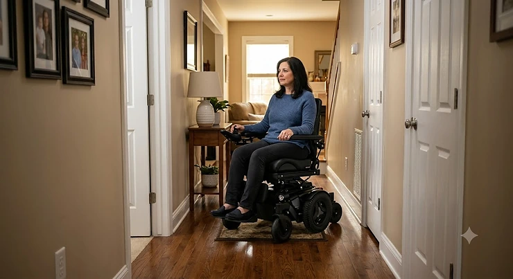 Illustration of a compact indoor power wheelchair navigating through a narrow residential hallway
