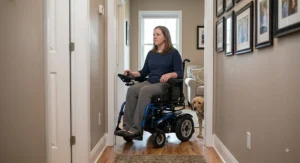 An electric power wheelchair designed for tight spaces passing through a standard interior door frame.