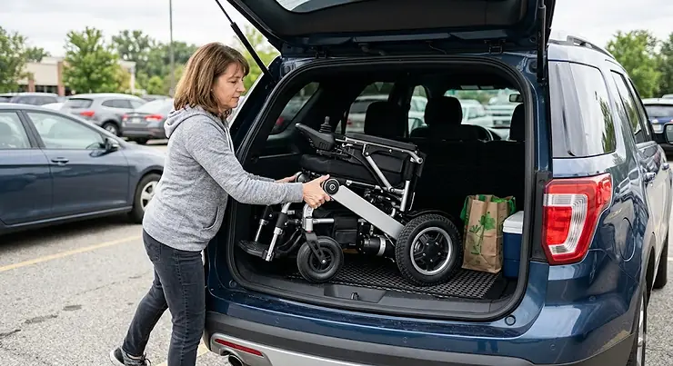 Illustration of a lightweight compact power wheelchair folded for easy storage in an SUV trunk.