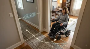 Diagram showing a compact power wheelchair navigating a tight 30-inch indoor doorway.