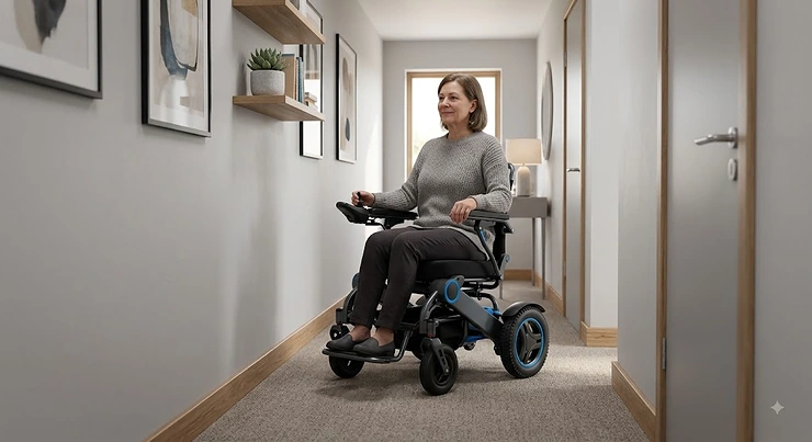 Compact power wheelchair with small turning radius easily navigating a narrow apartment hallway in a modern home