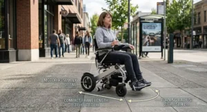 Illustration of an active adult driving a compact power wheelchair along an urban sidewalk.