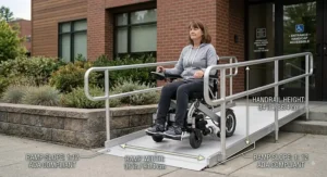 Illustration of a compact power wheelchair riding smoothly up an ADA-compliant entryway ramp.