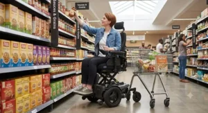 Shopper using an elevating power wheelchair to reach top shelves at a grocery store.