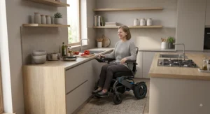 Senior maneuverability in a power wheelchair with small turning radius while cooking at a kitchen island