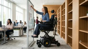 A shopper using an elevating power wheelchair to easily select items from upper grocery store shelves.