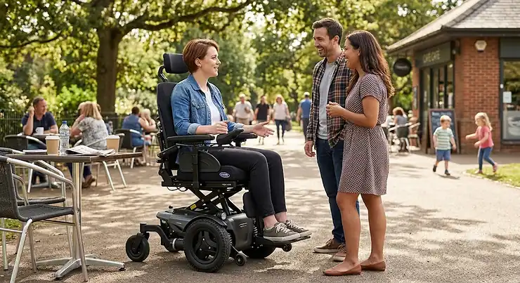 Person in an elevating power wheelchair engaging in eye-level conversation with friends.