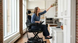 An individual demonstrating seat elevation wheelchair benefits by reaching high kitchen cabinets independently.