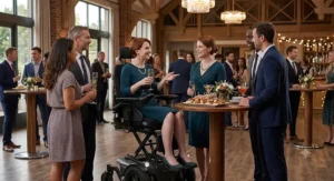 Elevating power wheelchair user socialising comfortably at a standing-height cocktail reception.