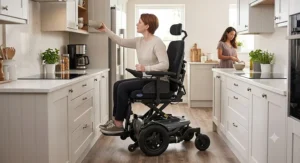 Woman using an elevating power wheelchair to comfortably reach upper kitchen cabinets.