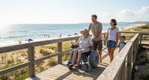 A happy family walking together on a coastal boardwalk, with a family member using a beach all-terrain wheelchair.