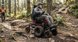 High-performance bariatric power wheelchair equipped with heavy-duty motor navigating rough outdoor terrain.