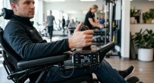 Driver operating the ergonomic joystick controller on a high-speed electric wheelchair.