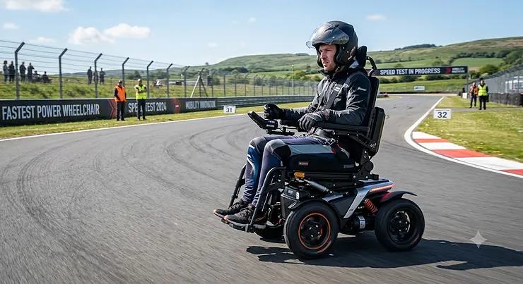 A person driving the fastest power wheelchair down an outdoor paved track during a high-speed mobility test. fastest power wheelchair