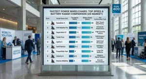 Comparison chart illustrating top speeds and battery ranges of the fastest power wheelchairs in the US market.