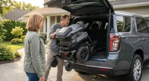 Compact folding power wheelchair with high ground clearance being loaded into the trunk of an SUV.