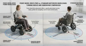 Diagram comparing front-wheel drive power wheelchair small turning radius against standard motorized wheelchair dimensions