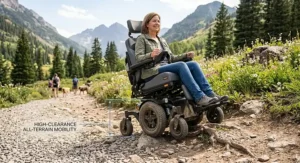 Side view diagram of a heavy-duty electric wheelchair highlighting elevated chassis ground clearance.