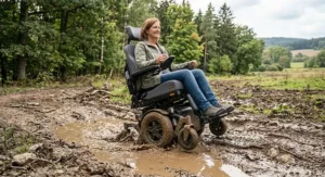All-terrain power wheelchair featuring high ground clearance driving through a muddy countryside path.