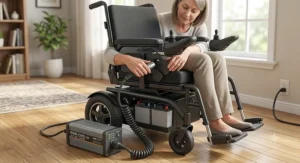 A person plugging a heavy-duty charger into a power wheelchair battery charging port at home.